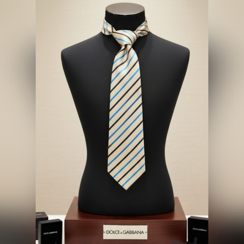 DOLCE & GABBANA Vintage SilK Cream Shimmery and Turquoise Stripped Tie